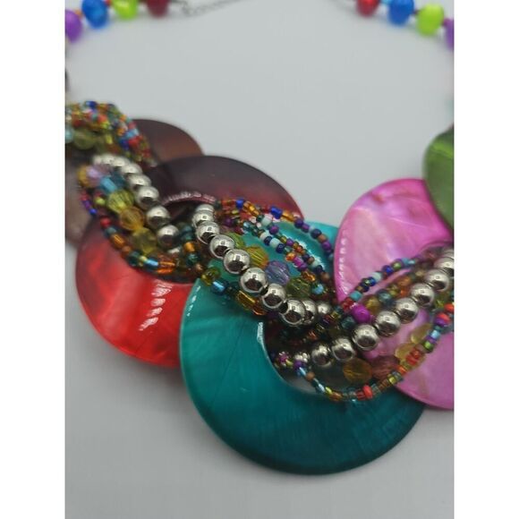 Chunky Disc Circle Hoop Shell Necklace Bib Twist Bead Circle Mother of Pearl 16" - Picture 6 of 10